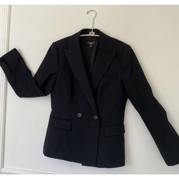 Talbots Blazer Jacket Women 2 Petite Black Wool Double Breasted Gold Button VTG - Picture 2 of 12